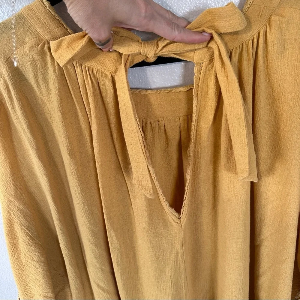 Free People Golden Yellow Oversized Crochet Trim Tie Back Tunic Dress, Large